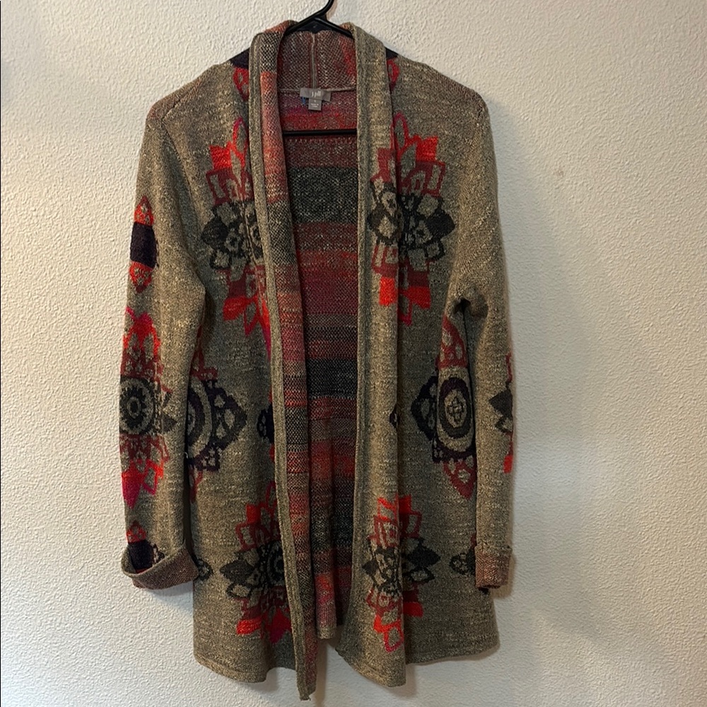 J. Jill Gray and Red Cardigan Sweater with Intricate Pattern